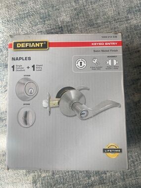 Defiant Naples Keyed Entry Lever - Satin Nickel single cylinder deadbolt